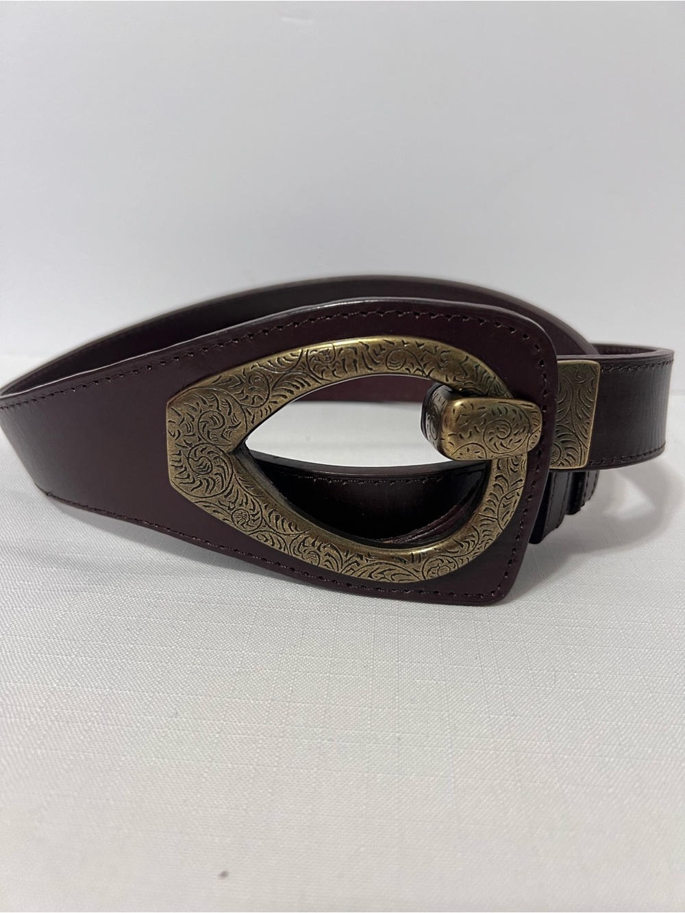 Vintage Wide Leather Belt Brass Etched Statement Buckle Boho Western  Brown L XL